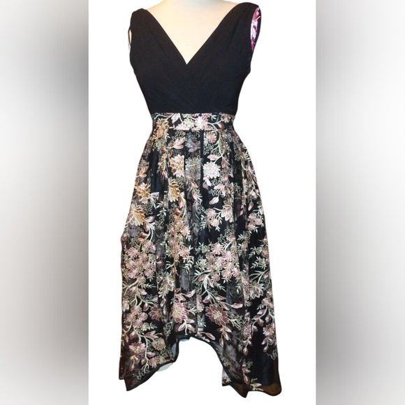 R & M Richards Dresses & Skirts - R&M Richards Black Floral Pink Embroidered High-Low Dress V-Neck Sleeveless USA